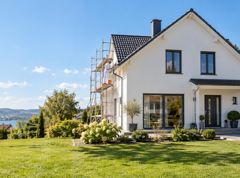 Symbolbild: Fassadenarbeiten mit Gerüst an einem Wohnhaus – Fachbetriebe für Falkenstein